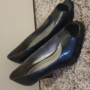 Patent leather peep toe heels
